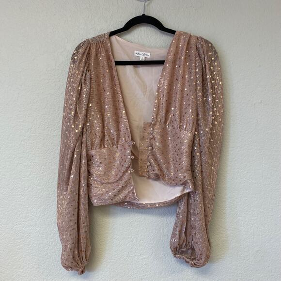 For Love & Lemons La Villette Puff Sleeve Cropped Blouse Pink Small - Picture 8 of 9